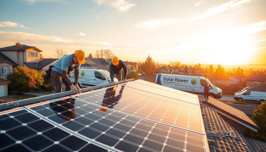 A clean, modern solar panel installation company featuring a well-organized team of technicians diligently working on a residential rooftop installation. The foreground showcases the precision engineering of solar panels being carefully mounted, with the middle ground revealing the company's fleet of service vehicles and the background highlighting a picturesque suburban neighborhood bathed in warm, golden sunlight. The overall scene conveys a sense of expertise, efficiency, and a commitment to renewable energy solutions.