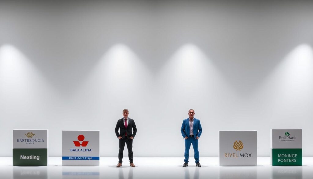 A comparison of mortgage lenders, each represented by their distinctive logos and branding, set against a sleek, minimalist background. The lenders stand side by side, illuminated by soft, directional lighting that accentuates their unique visual identities. The scene conveys a sense of professionalism, transparency, and the ability to objectively evaluate different lending options. The composition is balanced, with the lenders arranged in a grid-like formation, allowing the viewer to easily compare and contrast their offerings.