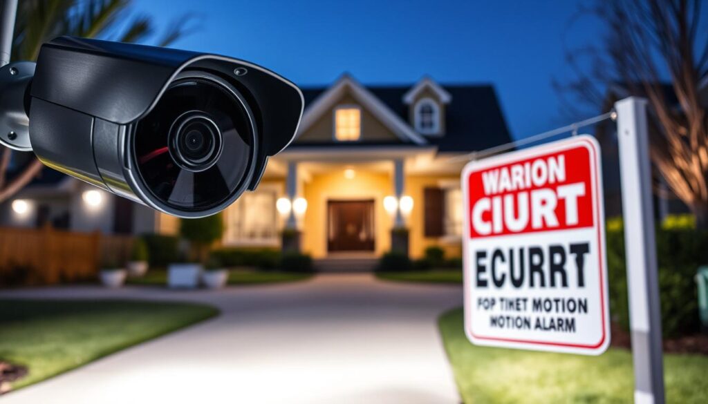 A comprehensive home security system with a prominent deterrent feature. In the foreground, a sleek, modernistic security camera with a sharp, high-resolution lens surveys the area. Behind it, a series of motion sensors and infrared trip wires create an invisible barrier, ready to trigger an alarm. In the middle ground, a bold, attention-grabbing security sign warns potential intruders, its bold typography and high-contrast colors serving as a clear visual deterrent. The background depicts a well-lit, secure suburban home, with strategically placed floodlights illuminating the perimeter. The overall atmosphere conveys a sense of vigilance, technology, and unwavering protection for the homeowner.