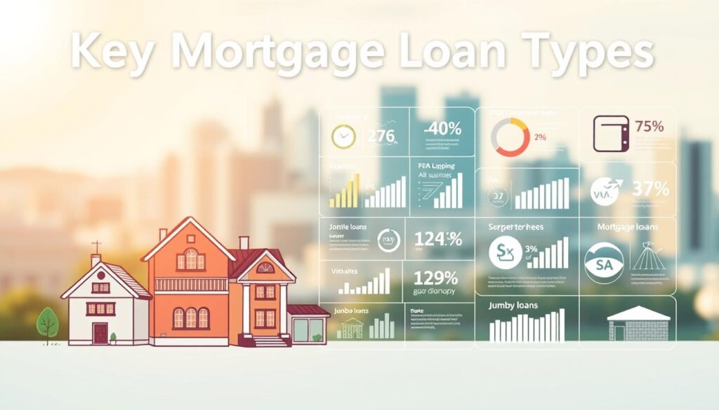 A contemporary and dynamic composition depicting the key mortgage loan types. In the foreground, detailed illustrations of common loan options such as conventional, FHA, VA, and jumbo loans, each rendered with precision and visual clarity. The midground showcases various financial metrics and data visualizations related to these loan types, presented in a clean, infographic-style layout. The background features a softly blurred cityscape, suggesting the real-world context in which these loans are utilized. The lighting is natural and warm, creating a sense of authority and trustworthiness. The overall tone is informative yet visually captivating, guiding the viewer's attention to the essential details of mortgage loan types.