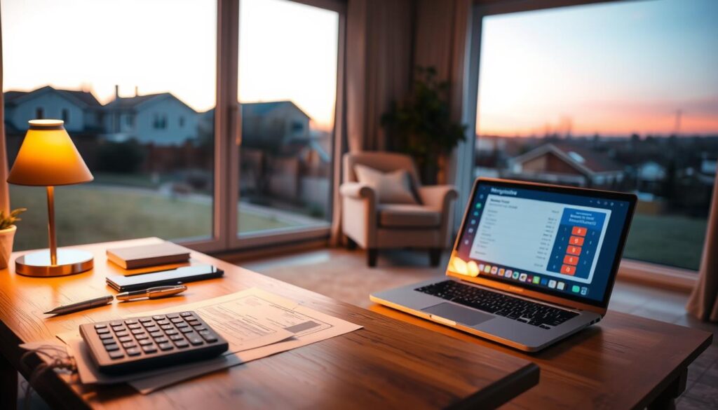 A cozy home interior with warm, soft lighting illuminating a wooden desk. On the desk, a calculator, a stack of paperwork, and a laptop displaying a mortgage calculator interface. In the middle ground, a warm-toned rug and a comfortable armchair. In the background, a window overlooking a serene suburban landscape, with the sky fading into soft hues of orange and pink, suggesting a peaceful, low-interest-rate environment.
