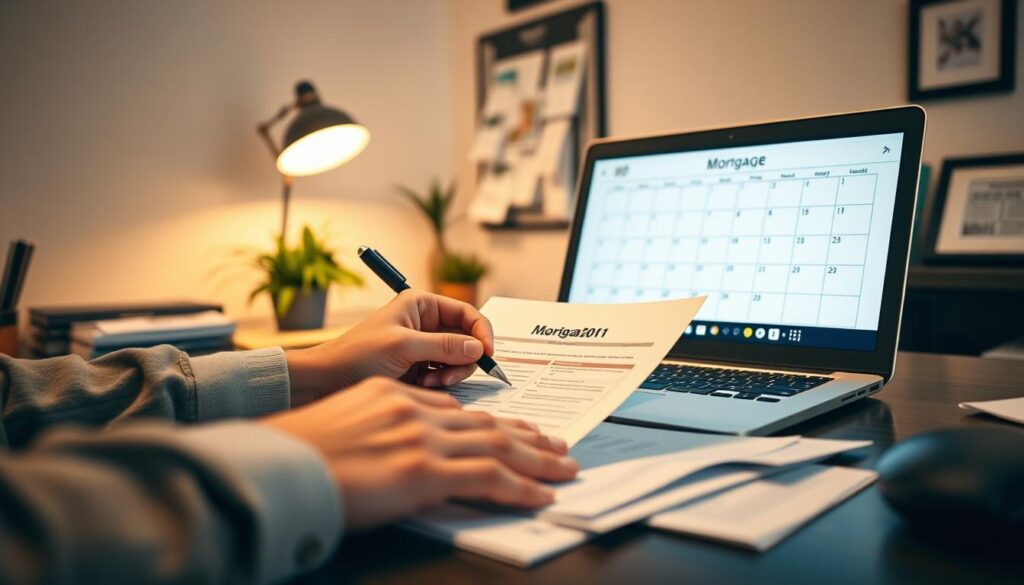 A cozy home office with a desk, laptop, and mortgage documents spread out. A hand fills out an application form, focused and determined. In the background, a wall calendar highlights the current month, emphasizing the importance of the process. Soft, warm lighting illuminates the scene, creating a sense of professionalism and diligence. A potted plant and a framed diploma add a touch of personalization, reflecting the gravity of this financial decision. The overall atmosphere is one of careful consideration and attention to detail, as the applicant navigates the mortgage application process.