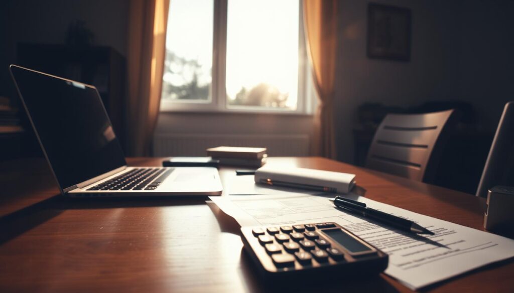 A cozy home office with a laptop, documents, and a calculator on a wooden desk. A bright window casts warm light, illuminating the process of reviewing mortgage terms and signing refinance paperwork. Subtle shadows and reflections create depth and texture. The atmosphere is one of focus and diligence, conveying the careful consideration involved in the refinancing decision. The angle is slightly elevated, giving a sense of overview to the thoughtful, deliberate process. Muted colors and a sense of calm pervade the scene, hinting at the financial security and peace of mind that can come with refinancing a home loan.