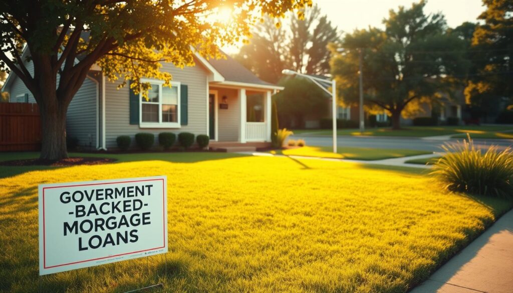 A cozy, welcoming suburban home with a picturesque lawn and a "Government-Backed Mortgage Loans" sign in the front yard. Warm golden sunlight bathes the scene, casting gentle shadows and highlighting the home's clean, modern lines. In the background, a tree-lined street with other well-maintained homes, suggesting an affordable, family-friendly neighborhood. The overall impression is one of financial security, accessibility, and the attainable dream of homeownership.