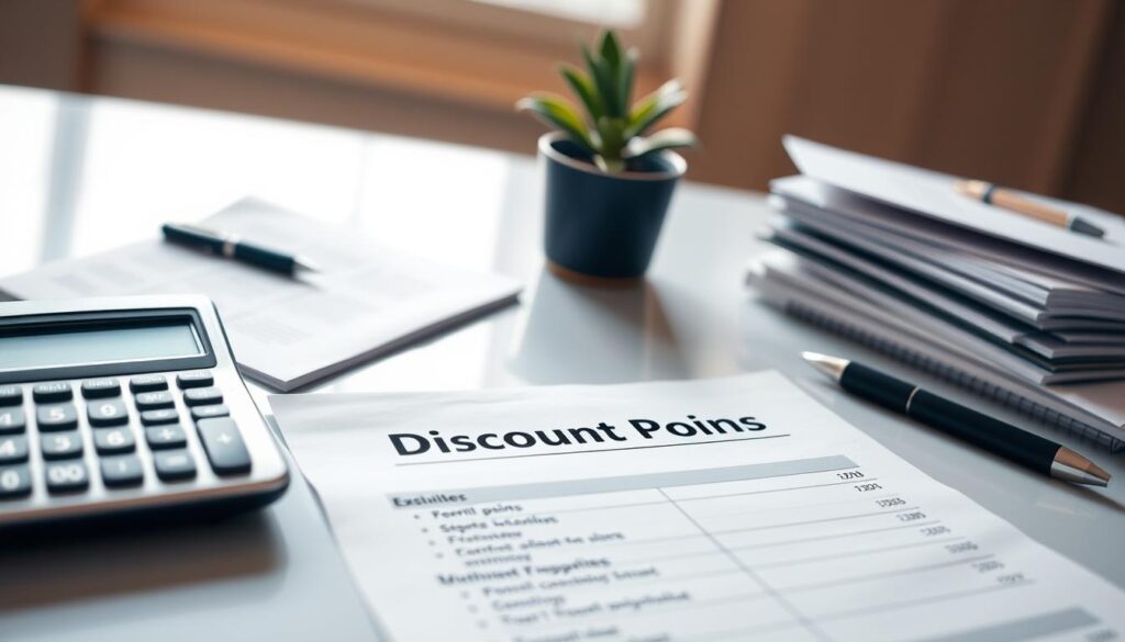 A crisp, clean workspace with a calculator, pen, and stack of documents. Warm, diffused lighting casts gentle shadows, creating a professional, focused atmosphere. In the foreground, a financial document titled "Discount Points" takes center stage, its details clearly visible. The middle ground features a desktop adorned with a potted plant, adding a touch of life to the scene. The background is softly blurred, conveying a sense of depth and drawing the viewer's attention to the key elements. The overall composition and styling evoke a sense of financial planning, attention to detail, and a purposeful approach to mortgage optimization.