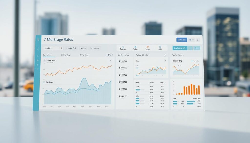A detailed comparison of mortgage rates displayed on a sleek, modern financial dashboard. In the foreground, a series of line graphs and charts showcase different lender offerings, rates, and trends over time, presented against a clean, minimalist background. The middle ground features a bank of toggles, sliders, and interactive elements allowing the user to customize their search and compare options side-by-side. The background depicts a blurred cityscape, suggesting the broader economic landscape. The lighting is crisp and directional, emphasizing the data visualizations. The overall mood is one of clarity, utility, and professionalism, guiding the viewer through the mortgage rate selection process.