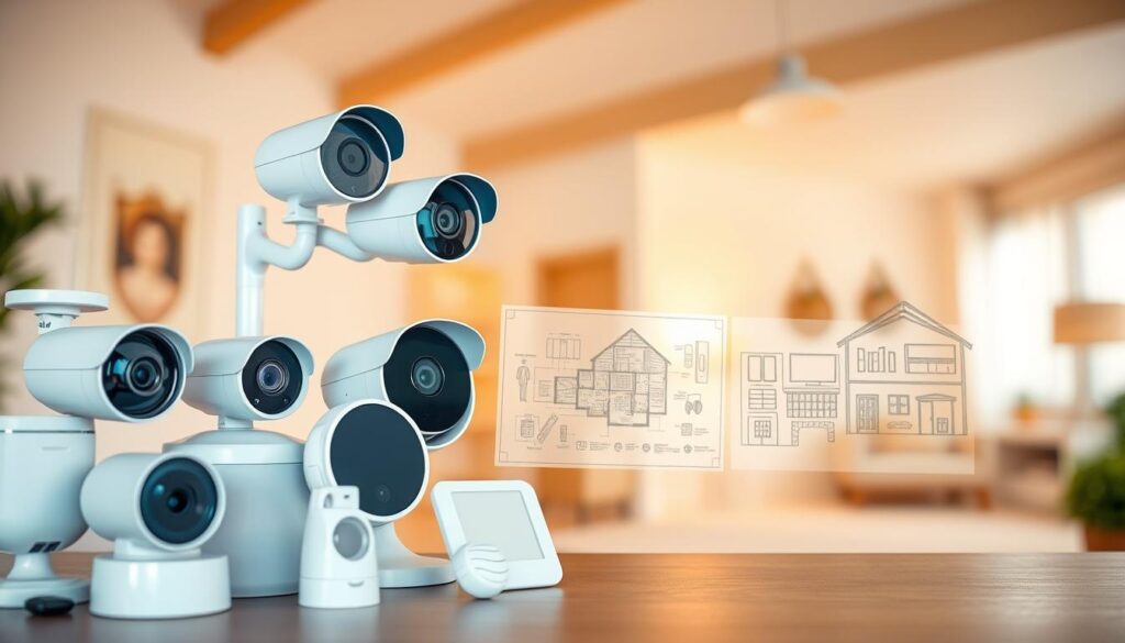 A detailed comparison of various home security features, displayed in a clean, modern layout. In the foreground, a range of security devices - cameras, sensors, alarms - showcased in a well-lit, high-resolution arrangement. In the middle ground, architectural diagrams and schematic drawings of a home's security layout, captured in a technical, engineering-inspired style. The background features a softly blurred, warm-toned interior, suggesting the cozy, secure ambiance of a well-protected home. Captured with a wide-angle lens, the image conveys a sense of comprehensive coverage and robust home protection.