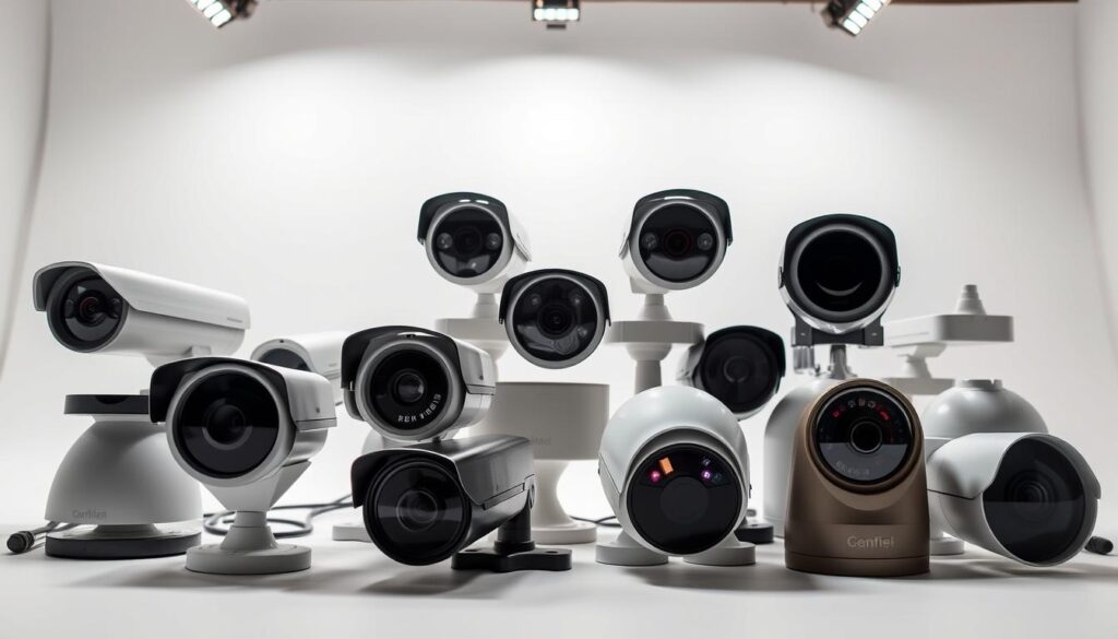 A detailed comparison of various security camera models, showcasing their unique features and capabilities. A well-lit studio setting with a clean, minimalist backdrop, allowing the cameras to take center stage. The cameras are arranged in a grid-like formation, each positioned at a slightly different angle to highlight their distinct designs and lens configurations. The lighting is carefully balanced, with a combination of soft, diffused overhead lighting and directional spotlights that accentuate the cameras' textures and finishes. The overall mood is one of professionalism and technical precision, reflecting the high-quality nature of the security equipment. The image conveys a sense of authority and expertise, making it an ideal visual accompaniment to the "Choosing the Right Security Cameras" section of the article.