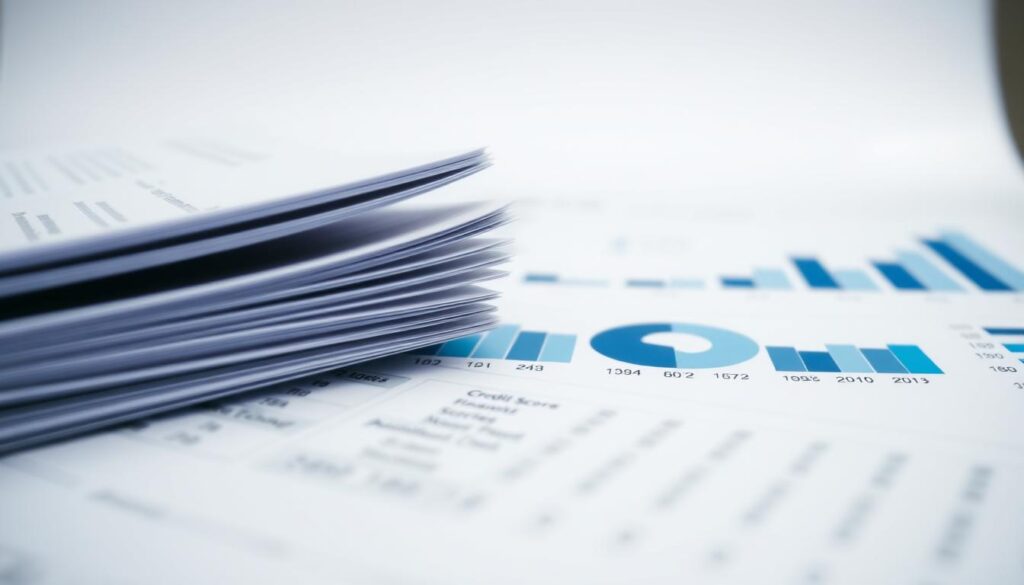 A detailed financial report showcasing credit scores, depicted against a clean, minimalist backdrop. In the foreground, a sleek set of credit report documents, their contents legible yet not overly explicit. The middle ground features a collection of credit score range visualizations, utilizing a color palette of blues and grays to convey the numerical data. In the background, a faint graph or chart hints at the broader financial landscape, lending an air of analytical depth. The lighting is soft and diffused, creating a sense of professionalism and authority. The overall tone is one of informative clarity, suitable for illustrating the role of credit scores in the mortgage lending process.