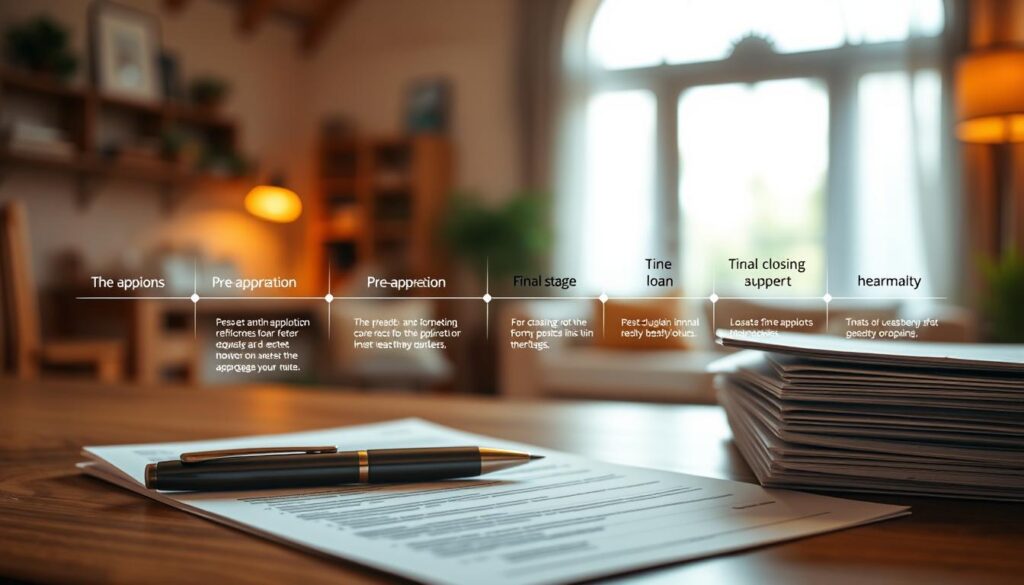 A detailed timeline of the home loan process, captured under warm, diffused lighting with a shallow depth of field. In the foreground, a stack of mortgage documents and a pen resting on a wooden surface. In the middle ground, a series of steps illustrating the key stages of the loan application, from pre-approval to final closing. The background features a blurred, cozy home interior, hinting at the ultimate goal of the process. The overall mood is one of organization, progress, and the anticipation of homeownership.