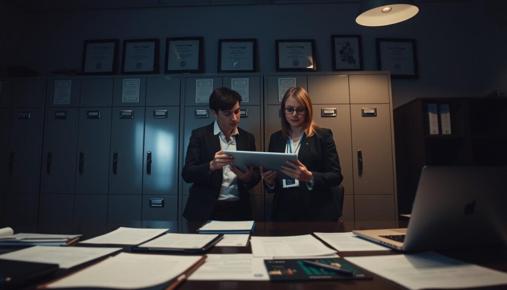 A dimly lit office setting, with a desk in the foreground featuring various mortgage-related documents and a laptop. In the middle ground, two financial advisors engage in a serious discussion, comparing mortgage options on a tablet device. The background showcases a wall of filing cabinets and framed certificates, conveying an atmosphere of professional expertise. Muted lighting creates a sense of focus and concentration, while the neutral color palette evokes a sense of trust and reliability. The overall scene reflects the "Timing Your Comparison" section, highlighting the importance of thorough research and deliberation when selecting a mortgage lender.