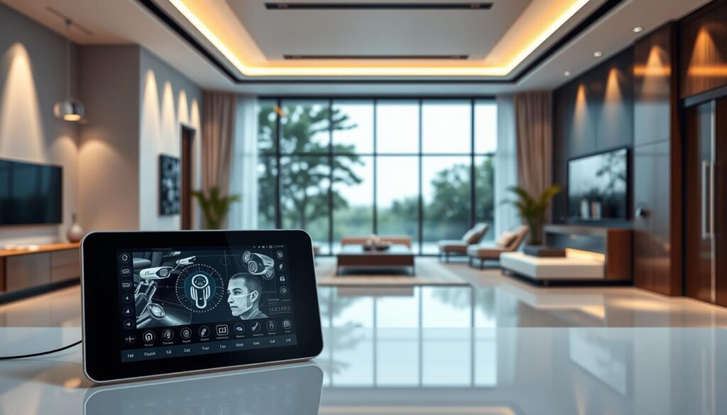 A futuristic, elegantly designed smart home with advanced security features. In the foreground, a sleek control panel displays a real-time feed from high-definition security cameras strategically placed around the residence. In the middle ground, a discreet motion sensor and facial recognition system seamlessly integrate into the architectural design. The background features cutting-edge smart locks, intelligent lighting, and a state-of-the-art alarm system, all connected to a central hub and accessible via a user-friendly mobile app. The overall scene conveys a sense of modern sophistication, enhanced safety, and technological integration within a well-appointed, minimalist home interior.