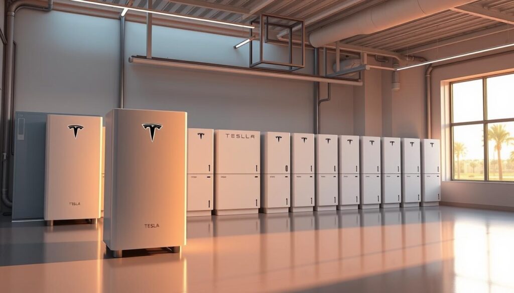 A futuristic energy storage facility, its sleek Tesla Powerwall batteries neatly arranged in a well-lit, minimalist interior. The warm glow of ambient lighting casts a serene atmosphere, highlighting the advanced technology at the heart of this innovative solar solution. In the foreground, a single Powerwall unit stands prominently, its smooth, metallic surface catching the light. The middle ground features rows of these modular batteries, seamlessly integrated into the building's architecture. The background showcases the facility's clean, contemporary design, with large windows offering a glimpse of the sun-drenched Florida landscape beyond.
