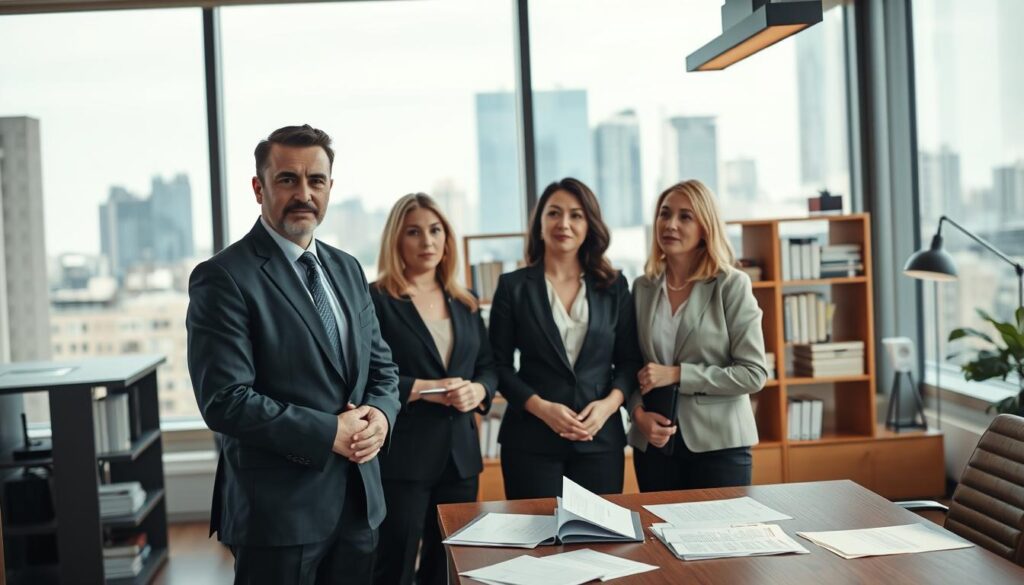 A group of professional tax relief experts standing in a modern, well-lit office space. In the foreground, three individuals in formal business attire - a man and two women - are engaged in a collaborative discussion, their expressions serious yet reassuring. In the middle ground, a bookshelf filled with tax-related materials and a conference table with scattered documents suggest the depth of their expertise. The background features large windows overlooking a cityscape, conveying a sense of authority and reliability. The lighting is soft and natural, creating a warm, approachable atmosphere. The overall composition exudes a tone of professionalism, competence, and a commitment to providing exceptional tax relief services.