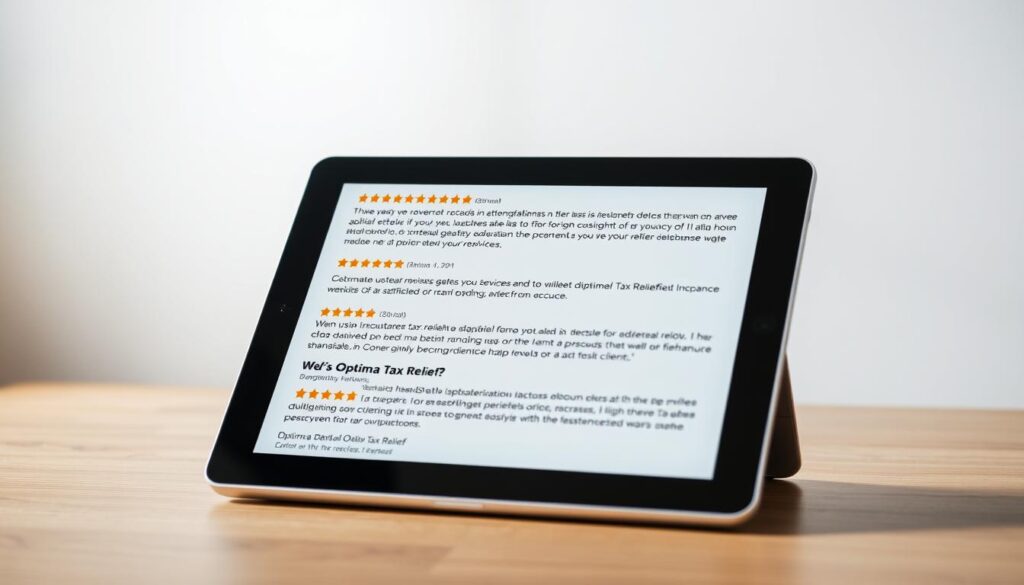 A high-quality, well-lit photograph of a diverse set of customer reviews for Optima Tax Relief, displayed on a sleek, modern digital device such as a tablet or laptop. The reviews should convey a sense of satisfaction, trust, and positive client experiences with the tax relief services. The background should be clean and minimalist, allowing the screen and reviews to be the focal point. Subtle textures, gradients, or soft lighting may be used to create a professional, inviting atmosphere. The overall composition should be balanced and visually appealing, reflecting the reliability and trustworthiness of Optima Tax Relief.