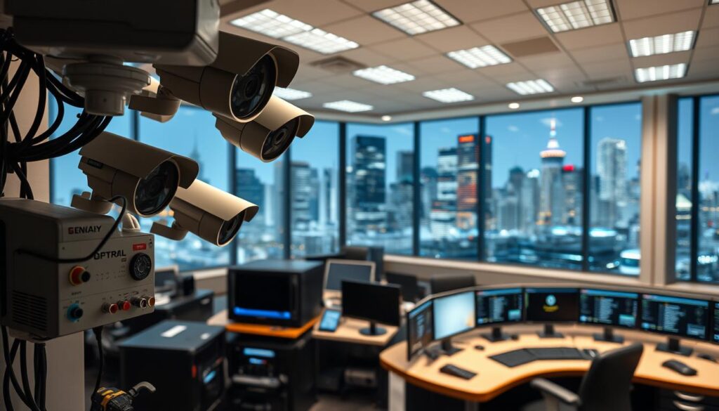 A high-security surveillance system prominently displayed in the foreground, featuring advanced cameras, motion sensors, and access control panels. In the middle ground, a sleek, modern security control room with multiple displays monitoring live feeds and alarms. The background depicts the skyline of a major Canadian city, conveying a sense of urban sophistication and the need for robust security measures. The lighting is crisp and evenly distributed, accentuating the technical details of the equipment. The overall atmosphere exudes professionalism, reliability, and the commitment to safeguarding the well-being of Canadian citizens and their property.