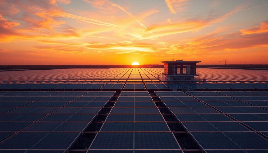 A majestic solar power plant rises against a backdrop of a vivid sunset in the Floridian landscape. Rows of sleek, shimmering solar panels stretch out as far as the eye can see, their surfaces catching the warm glow of the setting sun. In the foreground, a modern, architectural control station stands tall, its clean lines and glass facade reflecting the technological prowess of the facility. The sky is ablaze with hues of orange and pink, casting a serene and futuristic atmosphere over the entire scene. Beams of light pierce through wispy clouds, illuminating the vast solar array and hinting at the boundless potential of renewable energy in the Sunshine State.