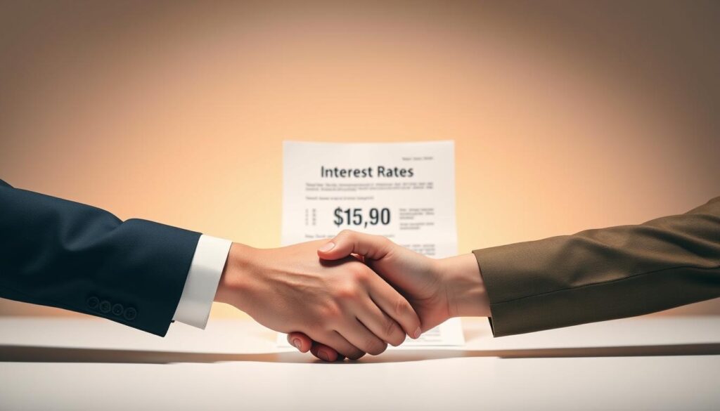 A minimalist, high-contrast scene depicting a negotiation over mortgage rates. In the foreground, two hands shaking against a plain, light-colored background, symbolizing the agreement. In the middle ground, a loan document or contract with bold, eye-catching interest rate figures. The background is softly blurred, with a subtle gradient of warm, inviting colors to convey a sense of financial opportunity and personal finance. The lighting is directional, casting dramatic shadows to heighten the sense of importance and negotiation. The overall mood is one of professionalism, clarity, and financial empowerment.