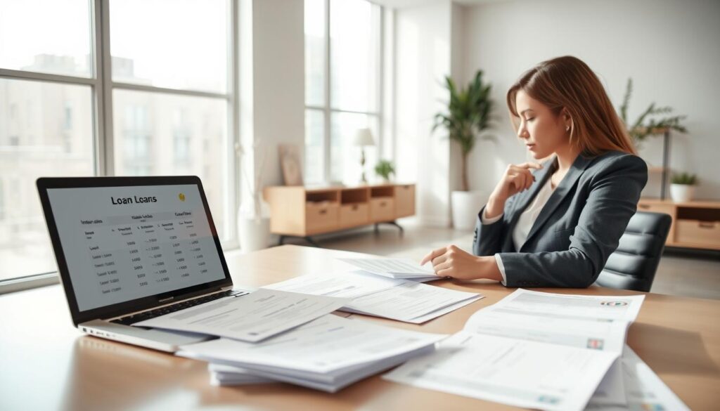 A modern, airy office setting with a large desk showcasing various loan documents and a laptop displaying loan options. In the foreground, a person in business attire sits at the desk, thoughtfully comparing interest rates, loan terms, and payment schedules. Soft, natural lighting filters in through large windows, creating a calm and professional atmosphere. The background features minimalist decor, highlighting the importance of the financial decision-making process. The overall scene conveys the significance of carefully evaluating loan options to secure the best mortgage rates.