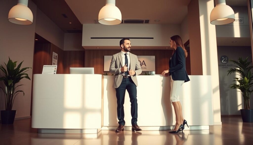 A modern and professional office interior with a reception desk in the foreground, a warm and welcoming atmosphere conveyed through soft lighting and earthy tones. In the middle ground, a well-dressed financial advisor is assisting a client, their body language suggesting a collaborative and personalized interaction. The background features sleek, minimalist decor and subtle branding elements that subtly communicate the company's expertise and trustworthiness. The overall scene exudes a sense of expertise, care, and a tailored approach to tax resolution services.