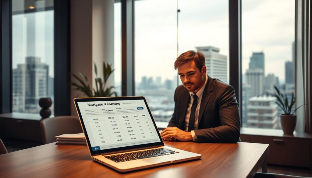 A modern and sophisticated office interior with large windows overlooking a cityscape. On the desk, a laptop displays various mortgage refinancing options and calculations. In the foreground, a person in business attire is reviewing the information, their expression pensive yet confident. Soft, warm lighting illuminates the scene, creating a professional yet approachable atmosphere. The background features minimalist decor and muted tones, drawing the focus to the central subject matter. The overall composition conveys a sense of financial security and informed decision-making.