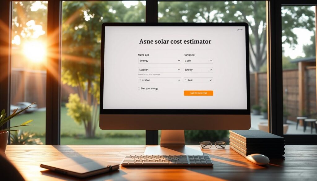 A modern home solar cost estimator interface displayed on a sleek, minimalist desktop computer screen. The screen shows a simple, user-friendly layout with input fields to enter details like home size, energy usage, and location. The interface uses a clean, neutral color palette and intuitive icons to guide the user through the process of estimating their potential solar energy savings. Warm, directional lighting from the side creates depth and highlights the screen's details. The scene is framed by a contemporary, wood-grain desk and a large window overlooking a lush, green backyard, creating a serene, comfortable work environment.