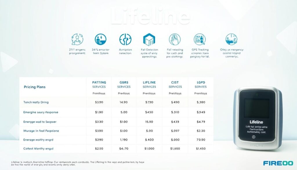 A modern, informative infographic showcasing the pricing details of the Lifeline Medical Alert System. In the foreground, a clean and well-organized table displays the various service plans and their corresponding monthly fees, with clear category labels. The middle ground features icons and diagrams highlighting the key features and benefits of the system, such as 24/7 emergency response, fall detection, and GPS tracking. The background has a soothing, pastel-toned color palette, complemented by subtle geometric patterns that reinforce the sense of reliability and trustworthiness. Optimal lighting emphasizes the clarity and legibility of the information, creating an overall professional and approachable visual aid for understanding the cost of Lifeline services.