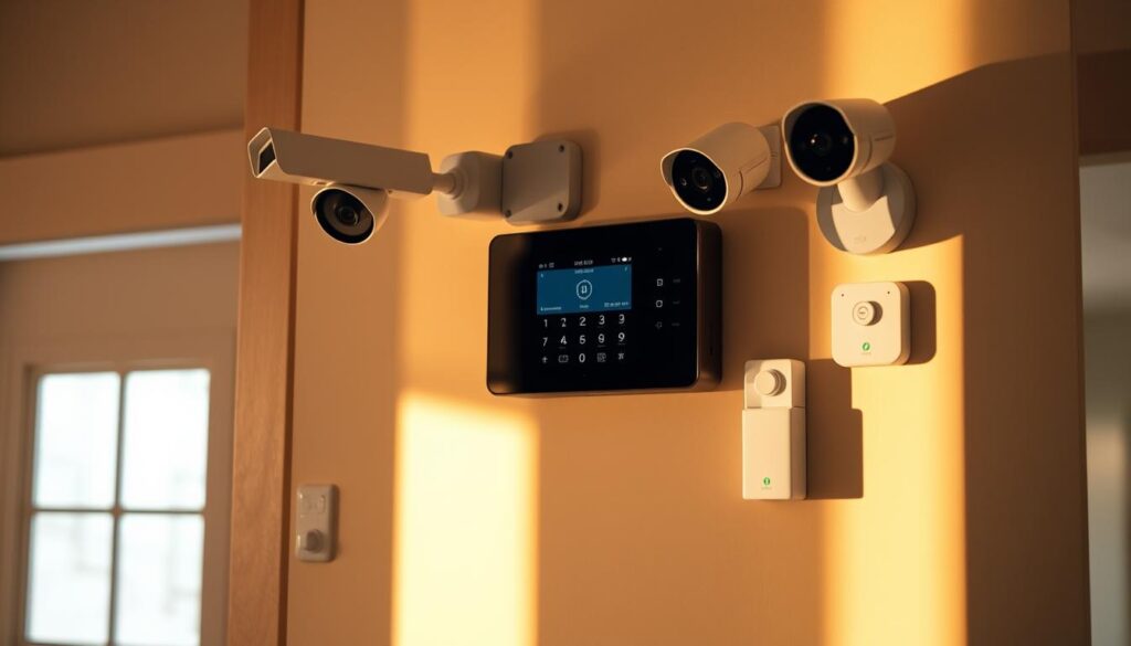 A modern, minimalist home security system with a sleek control panel, network-connected cameras, motion sensors, and smart home integration. Warm, natural lighting illuminates the scene, casting gentle shadows. The system is installed inconspicuously, blending seamlessly into the home's architectural design. The image conveys a sense of security, control, and technological sophistication, reflecting the benefits of a comprehensive home security solution.