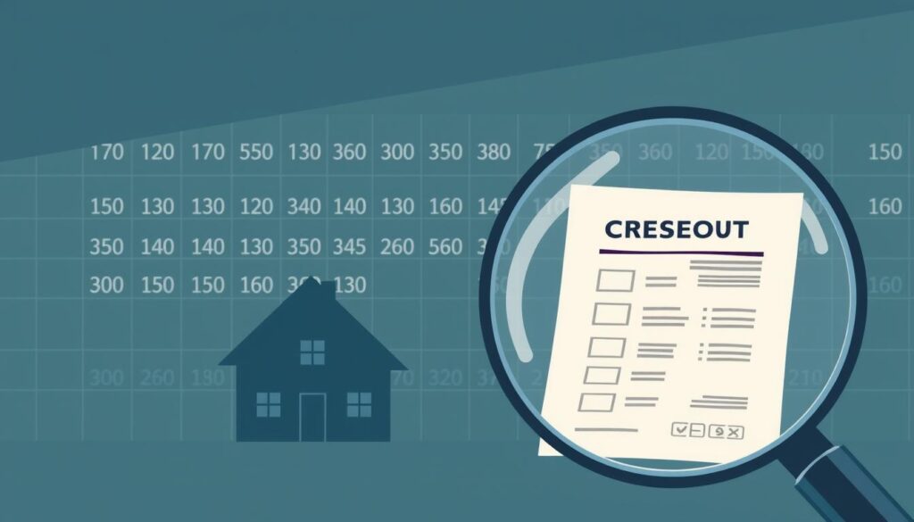 A modern, minimalist illustration depicting the impact of credit scores on home loan rates. In the foreground, a magnifying glass hovers over a credit report, its details sharply in focus. The middle ground features a house silhouette, its facade hinted at with gentle lines. In the background, a grid of numerical values represents the varying home loan rates, their gradient reflecting the influence of the credit score. The scene is bathed in a cool, urban palette, with muted tones and a sense of balance, conveying the rational, data-driven nature of the relationship between credit and lending. Dramatic side lighting casts subtle shadows, adding depth and dimensionality to the composition.