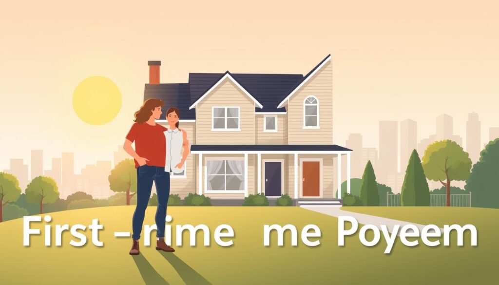 A modern, minimalist illustration of a first-time homebuyer program. In the foreground, a young couple, mid-30s, standing proudly in front of their new home, a cozy two-story house with a well-manicured lawn. Behind them, a city skyline with skyscrapers and a bright, warm sun shining down. The couple is dressed in casual, everyday attire, exuding a sense of accomplishment and excitement. The lighting is soft and natural, creating a welcoming atmosphere. The perspective is slightly elevated, providing a sense of overview and emphasizing the couple's achievement. The entire scene conveys the idea of a supportive, accessible, and rewarding first-time homebuyer program.