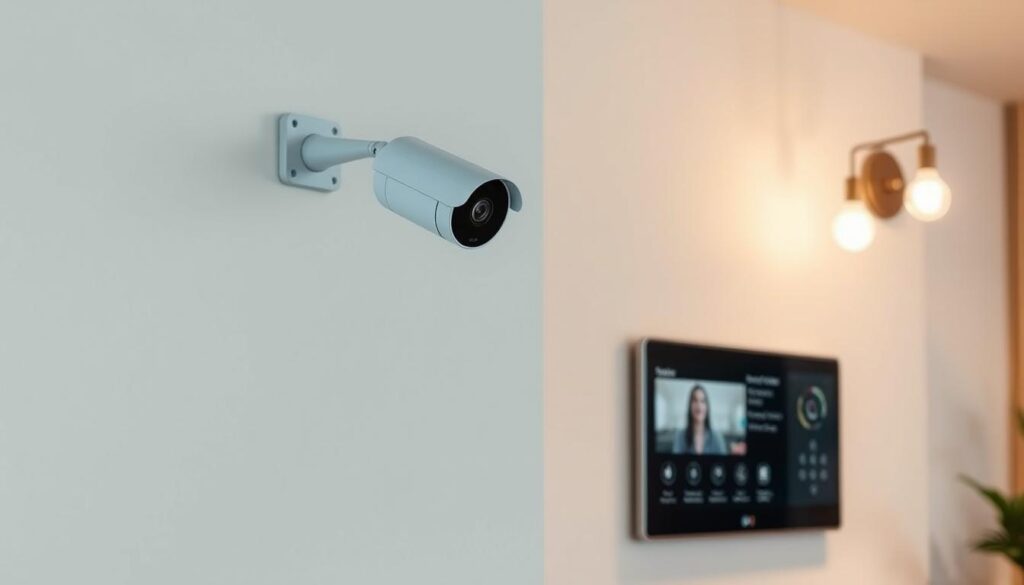 A modern, minimalist living room with a sleek, wall-mounted smart home security system. The setup includes a high-definition security camera, a touch-enabled control panel, and smart light bulbs that can be remotely adjusted. Soft, even lighting illuminates the scene, casting a warm, inviting glow. The camera's lens is positioned at a slight upward angle, capturing the room from an unobtrusive, yet comprehensive viewpoint. The control panel's display shows a real-time feed of the camera's surveillance, along with options for arming the system, adjusting settings, and receiving alerts. Subtle, yet impactful, the integrated smart home security setup blends seamlessly into the room's aesthetic, providing a sense of comfort and protection.