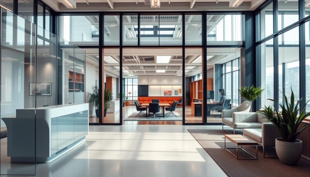 A modern, minimalist office interior with large windows, soft lighting, and a clean, transparent aesthetic. A sleek, glass-enclosed reception area with a minimalist desk and comfortable seating. The middle ground features an open, collaborative workspace with minimal, modular furniture and a neutral color palette. In the background, the office has an airy, open layout with high ceilings and natural materials like wood and stone accents. The overall mood is one of professionalism, transparency, and attention to detail, reflecting the values of a reputable tax relief services provider.