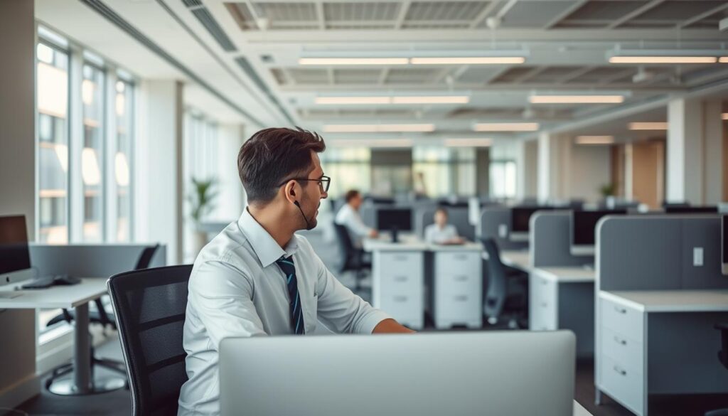 A modern office interior with a sleek, minimalist aesthetic. In the foreground, a well-dressed customer service agent sits at a desk, engaged in a thoughtful discussion with a client. The middle ground features a bank of customer service cubicles, each with a computer and telephone, creating a sense of efficient productivity. The background showcases floor-to-ceiling windows, allowing natural light to flood the space and create a warm, inviting atmosphere. The overall scene conveys a professional, trustworthy, and customer-centric experience for tax relief assistance.
