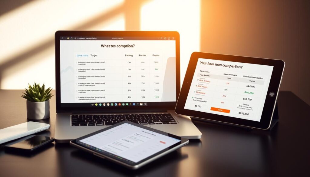 A modern, sleek desktop setup with a laptop, tablet, and smartphone arranged neatly, displaying various home loan options and comparison tools. The scene is bathed in a warm, natural light, creating a professional and informative atmosphere. The layout emphasizes the ease of researching and comparing different loan rates and terms, inviting the viewer to explore their options. The background features subtle financial graphics or iconography to reinforce the theme. The overall composition conveys a sense of informed decision-making and financial empowerment.