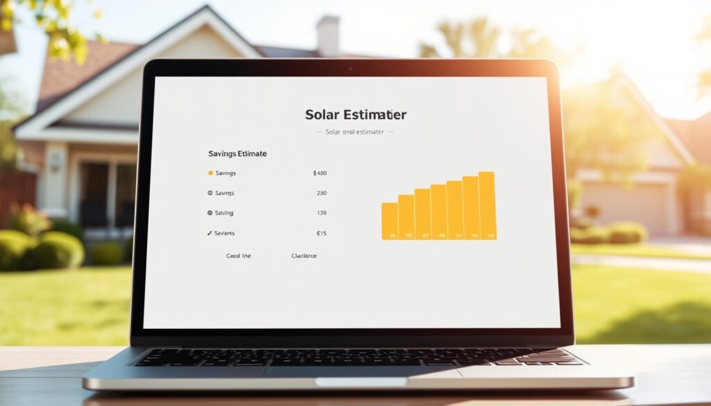 A modern, sleek residential solar panel cost estimator interface, rendered in a clean, minimalist style. The interface is displayed on a laptop screen, set against a backdrop of a sun-drenched suburban home with a well-manicured lawn and lush greenery. The estimator features clear, intuitive controls and a prominent "Savings Estimate" readout, conveying the financial benefits of solar energy adoption. Soft, natural lighting illuminates the scene, creating a sense of warmth and accessibility. The overall composition emphasizes the accessibility and practical value of solar panel technology for the average homeowner.