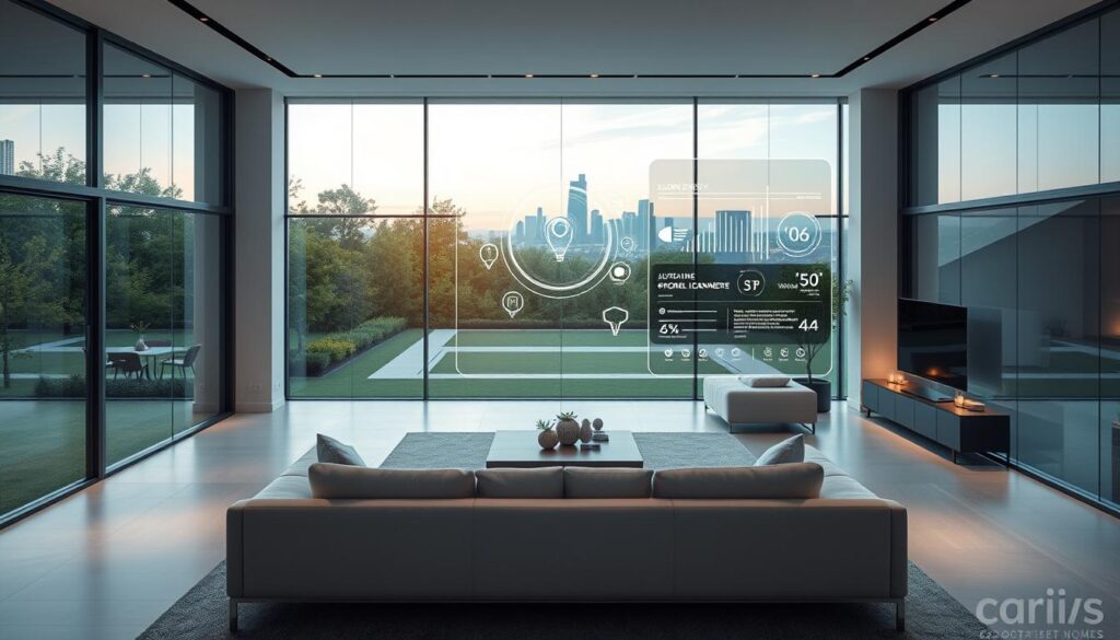 A modern, sleek smart home with seamless security integration. In the foreground, a panoramic view of a minimalist living room, with floor-to-ceiling windows offering a glimpse of a lush, verdant backyard. Strategically placed cameras and sensors blend seamlessly into the home's décor, constantly monitoring for any threats. The middle ground showcases a holographic control panel, displaying real-time security data and allowing effortless management of all connected devices. In the background, a futuristic cityscape emerges, hinting at the interconnected nature of tomorrow's smart homes. The scene is bathed in a soft, warm glow, creating a sense of comfort and security. Subtle lighting accents highlight the innovative security features, blending form and function to elevate the home's aesthetic.