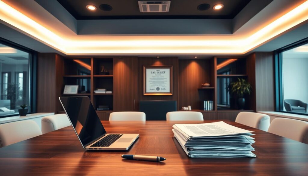 A modern, well-appointed office interior with an emphasis on legal and financial themes. In the foreground, a wooden desk with a laptop, pen, and a stack of documents. On the wall behind, a framed certificate or diploma signifying professional accreditation. Indirect lighting casts a warm, authoritative glow, while large windows provide natural illumination. The overall atmosphere conveys a sense of trust, compliance, and ethical standards associated with tax relief services.