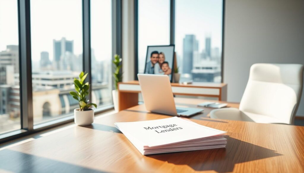 A modern, well-designed office setting with floor-to-ceiling windows, a sleek hardwood desk, and a minimalist white chair. In the foreground, a laptop and a stack of documents labeled "Mortgage Lender Reviews" sit on the desk, casting soft shadows. The middle ground features a potted plant and a framed photograph of a happy family, reflecting the lender's focus on customer satisfaction. The background showcases a cityscape view, creating a sense of professionalism and expertise. The lighting is natural, with a warm, inviting glow that sets a productive and trustworthy atmosphere.