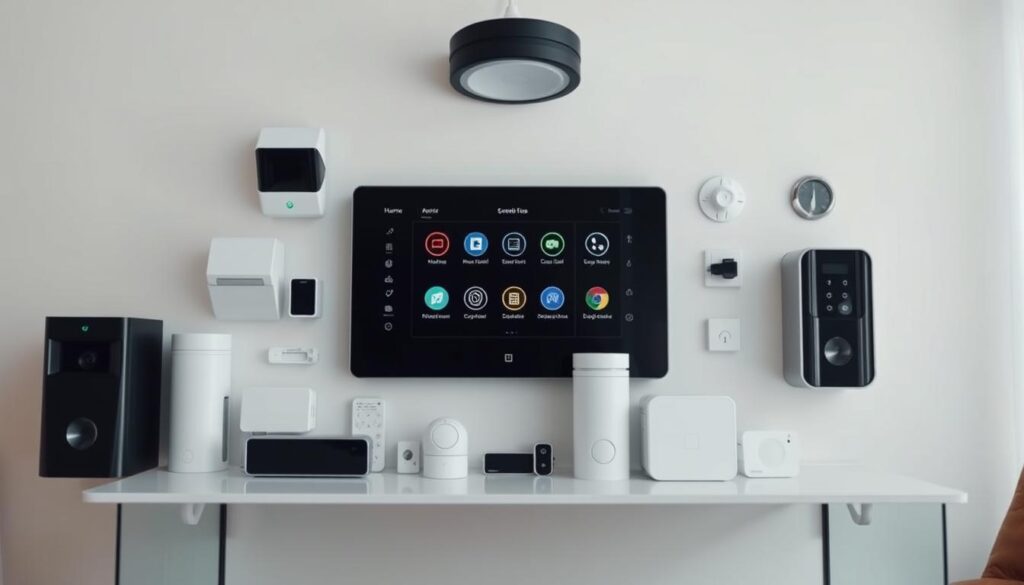 A modern, well-integrated smart home security system, showcasing a sleek control panel, various sensors, and interconnected devices. The setup is situated in a minimalist, contemporary interior with neutral tones and clean lines, casting a soft, diffused lighting. The camera angle captures the integration of different security elements, such as motion detectors, smart locks, and a central hub, emphasizing the seamless, intuitive user experience. The overall atmosphere conveys a sense of reassurance, efficiency, and technological sophistication, highlighting the features that elevate home security.