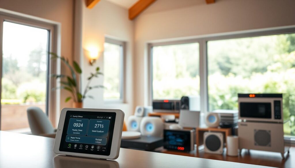 A modern, well-lit home interior with smart home devices seamlessly integrated throughout. In the foreground, a sleek security control panel displays real-time status updates. Behind it, a virtual assistant device and smart lighting system cast a warm glow. In the middle ground, various internet-connected appliances and home automation hubs are neatly arranged, their LED indicators softly pulsing. The background features large windows overlooking a lush, verdant landscape, bathed in natural daylight. The overall scene conveys a sense of technological sophistication, convenience, and harmony between the home's security and smart home features.