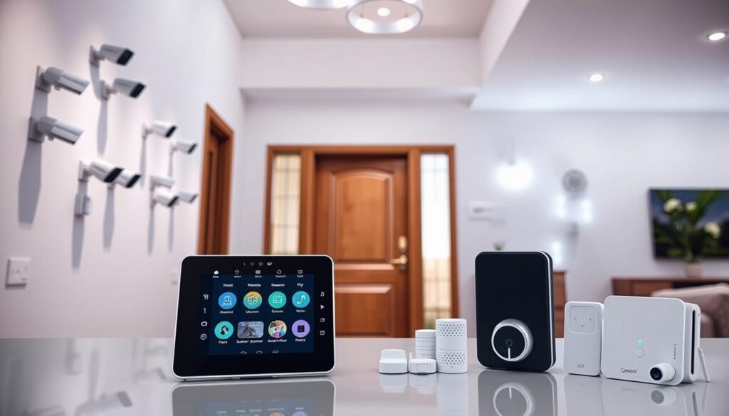 A modern, well-lit interior showcasing a comprehensive smart home security system. In the foreground, a sleek touchscreen control panel with intuitive icons for monitoring cameras, motion sensors, and door/window access. Behind it, a minimalist array of discreet security cameras mounted on the walls, blending seamlessly with the home's decor. The middle ground reveals a high-tech smart lock on the front door, allowing keyless entry and remote access. In the background, a series of strategically placed sensors and lighting modules provide full coverage and intelligent automation, creating a cohesive, future-ready security ecosystem.