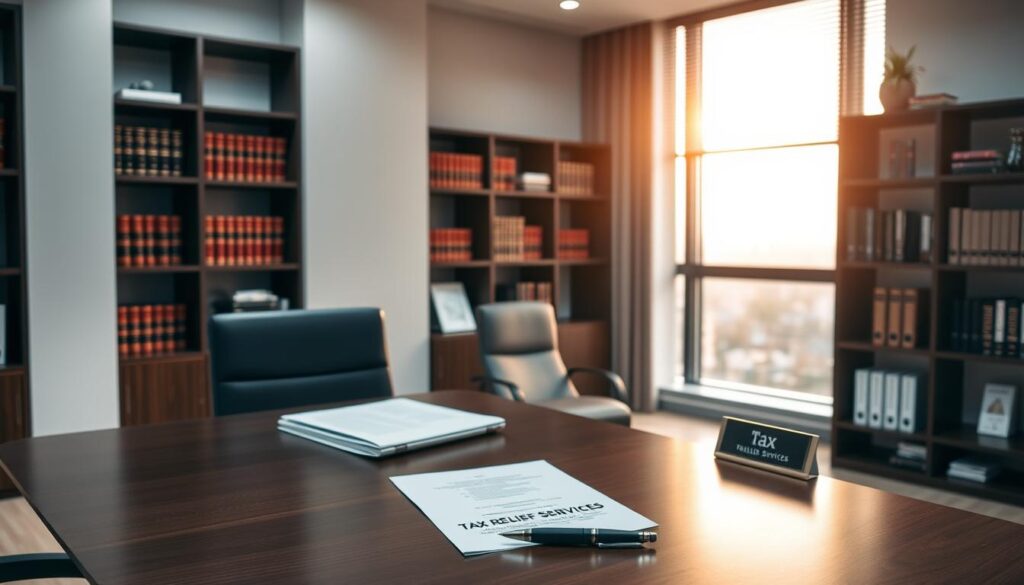 A modern, well-organized office space with a clean, minimalist aesthetic. In the foreground, a sleek mahogany desk with a laptop, a stack of documents, and a pen. On the desk, a small nameplate that reads "Tax Relief Services". In the middle ground, bookshelves lining the walls, filled with legal texts and tax-related materials. The lighting is soft and warm, creating a professional yet inviting atmosphere. In the background, a large window overlooking a cityscape, with the sun casting a gentle glow through the blinds. The overall impression is one of trustworthiness, efficiency, and a commitment to providing high-quality tax relief services.