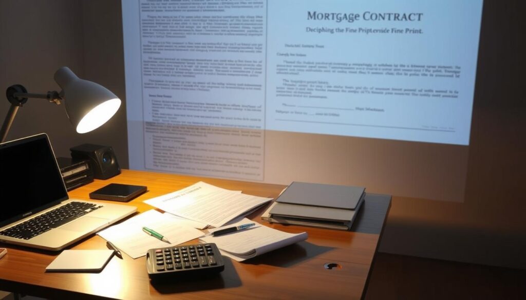 A neatly organized desk with a laptop, calculator, and various documents scattered across its surface, illuminated by warm, directional lighting. In the background, a large, detailed mortgage contract is projected onto the wall, its fine print legible and inviting closer inspection. The overall scene conveys a sense of careful analysis and attention to detail, mirroring the "Deciphering the Fine Print" section of the article.