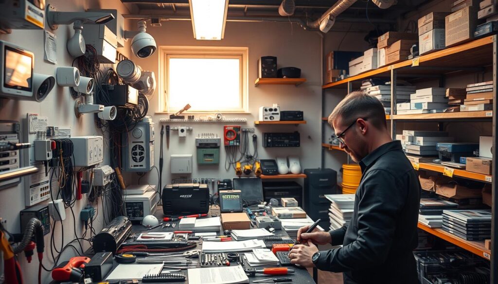 A neatly organized home security maintenance workshop, bathed in warm, soft lighting. In the foreground, a technician diligently inspects the various components of a security system, from cameras and sensors to control panels and wiring. The middle ground showcases an array of tools, manuals, and replacement parts, meticulously arranged for easy access. In the background, shelves hold additional equipment, hinting at the comprehensive nature of this well-stocked workspace. The atmosphere exudes a sense of professionalism and attention to detail, reflecting the importance of regular maintenance for a foolproof home security system.