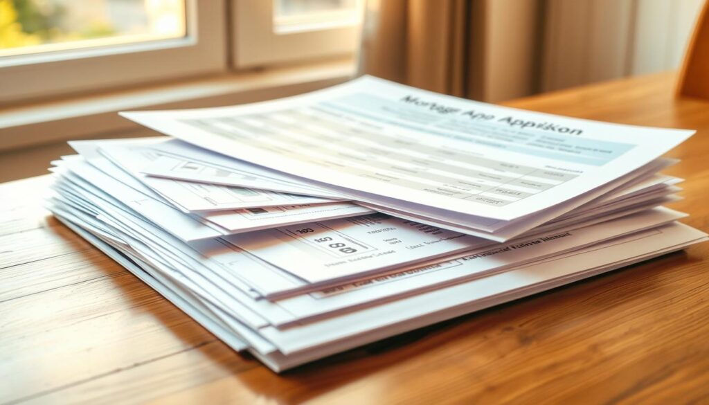A neatly organized stack of documents on a wooden desk, including mortgage application forms, financial statements, and supporting paperwork. Warm afternoon sunlight filters through a nearby window, casting a soft glow across the surface. The documents are arranged in a visually pleasing manner, with a sense of order and attention to detail. The overall atmosphere conveys a feeling of diligence and preparation, evoking the process of preparing for a home loan application.