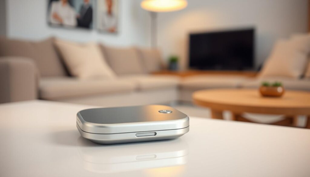 A polished, modern senior safety device rests on a clean, minimalist table. Soft, warm lighting from an overhead source casts a subtle glow, highlighting the device's sleek, brushed aluminum design and discreet buttons. In the background, a blurred domestic scene suggests a comfortable, inviting home environment. The device conveys a sense of reliability, simplicity, and unobtrusive integration into daily life, reflecting the user-friendly nature of the Lifeline medical alert system.