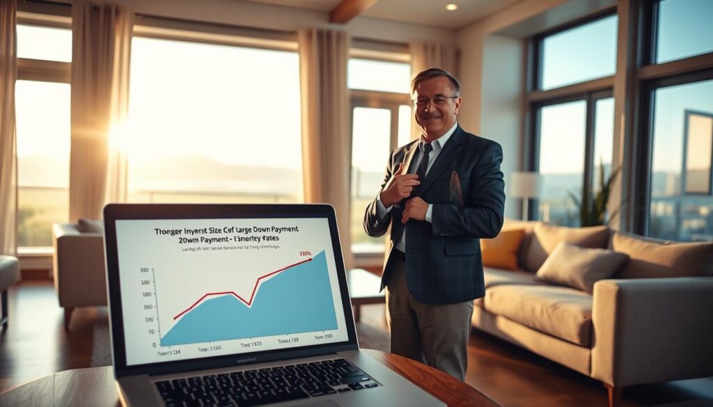 A real estate agent standing in a modern living room, gesturing towards a large window showcasing a scenic view. The room is bathed in warm, natural lighting, highlighting the intricate details of the hardwood floors and plush furniture. In the foreground, a laptop displays a graph illustrating the relationship between down payment size and loan interest rates. The agent's expression conveys expertise and enthusiasm, as if explaining the financial benefits of a larger down payment to a potential homebuyer. The overall scene exudes a sense of financial stability and the allure of homeownership.