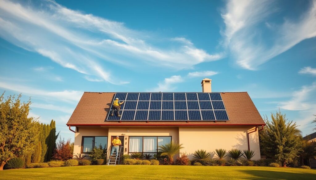 A residential solar panel installation, with a modern two-story house in the foreground, surrounded by a well-manicured lawn and lush greenery. The rooftop is adorned with a neatly arranged array of gleaming solar panels, capturing the sun's rays and transforming them into clean, renewable energy. The middle ground showcases the installation process, with skilled technicians meticulously connecting the panels to the home's electrical system, ensuring a seamless integration. In the background, a clear, blue sky with wispy clouds adds a sense of tranquility and environmental harmony. The scene is illuminated by warm, natural lighting, casting a gentle glow over the entire composition, highlighting the efficient and eco-friendly nature of the solar panel installation.