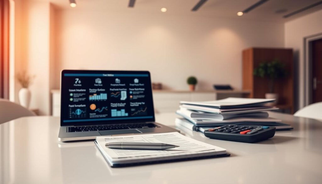 A series of financial documents and calculators arranged on a sleek, minimalist desk. In the foreground, a laptop displays various tax relief options, with icons and graphics providing visual cues. The middle ground features a financial planner's notebook, a pen, and a calculator, all bathed in warm, focused lighting. The background showcases a modern, airy office setting with clean lines and neutral tones, creating a professional and trustworthy atmosphere. The overall composition conveys a sense of organization, expertise, and a comprehensive understanding of tax relief services.