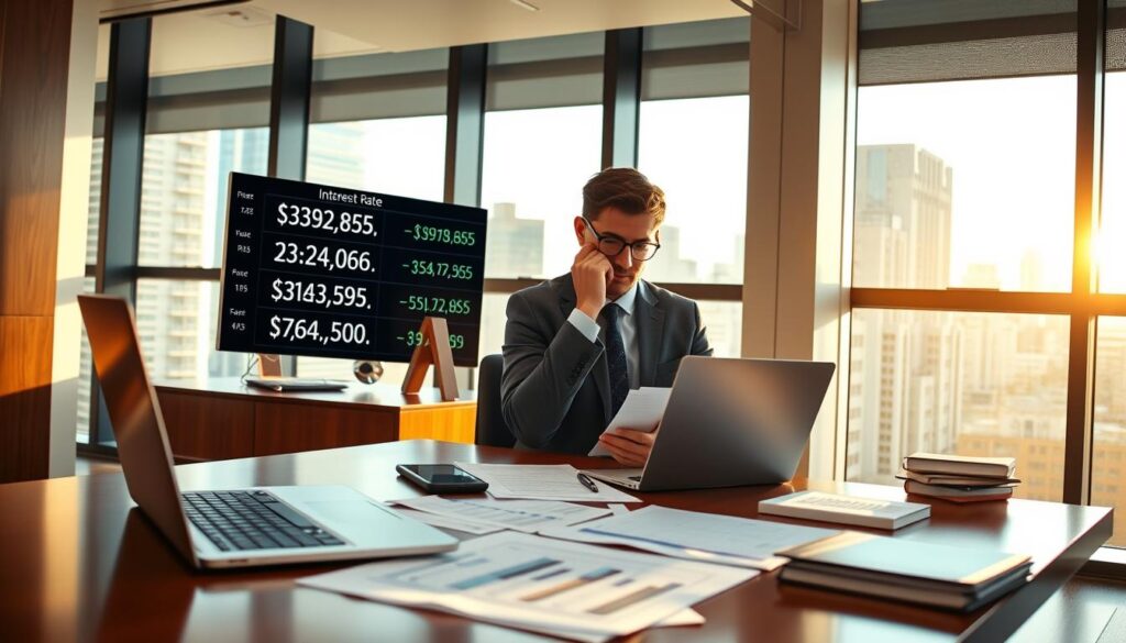 A sleek and modern office setting, with floor-to-ceiling windows bathing the room in warm, natural light. In the foreground, a polished wooden desk features a laptop and various financial documents, conveying a sense of professional analysis and decision-making. On the desk, a digital display showcases a variety of interest rate figures, highlighting the competitive landscape. The middle ground features a well-dressed individual, meticulously reviewing the data, deep in thought. In the background, the cityscape outside the windows reflects the dynamic, ever-changing financial market. The overall mood is one of thoughtful contemplation, as the viewer is invited to consider the nuances of fixed-rate versus adjustable-rate mortgages.